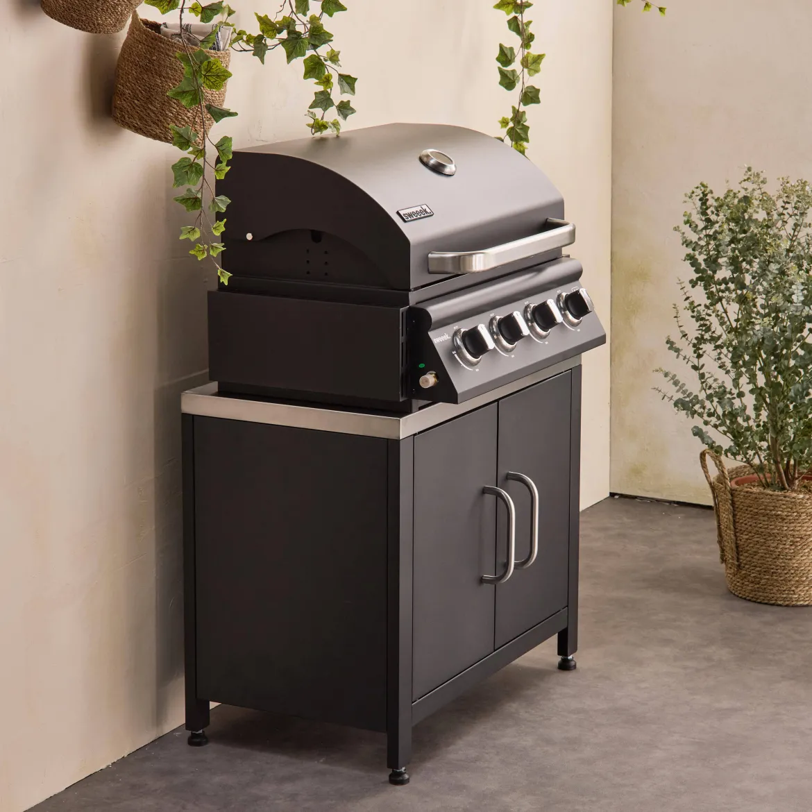Modulo cucina da esterno in acciaio con barbecue a gas a 4 bruciatori, 80cm