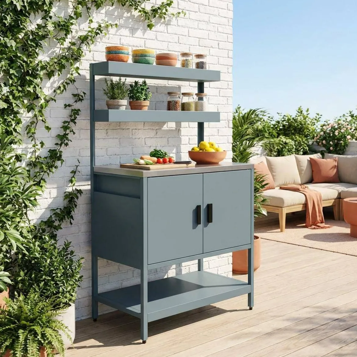 Modulo cucina da esterno in acciaio con 2 ripiani sospesi e 2 ante, 80cm