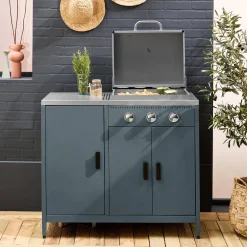 Modulo cucina da esterno in metallo con barbecue a gas a 3 bruciatori