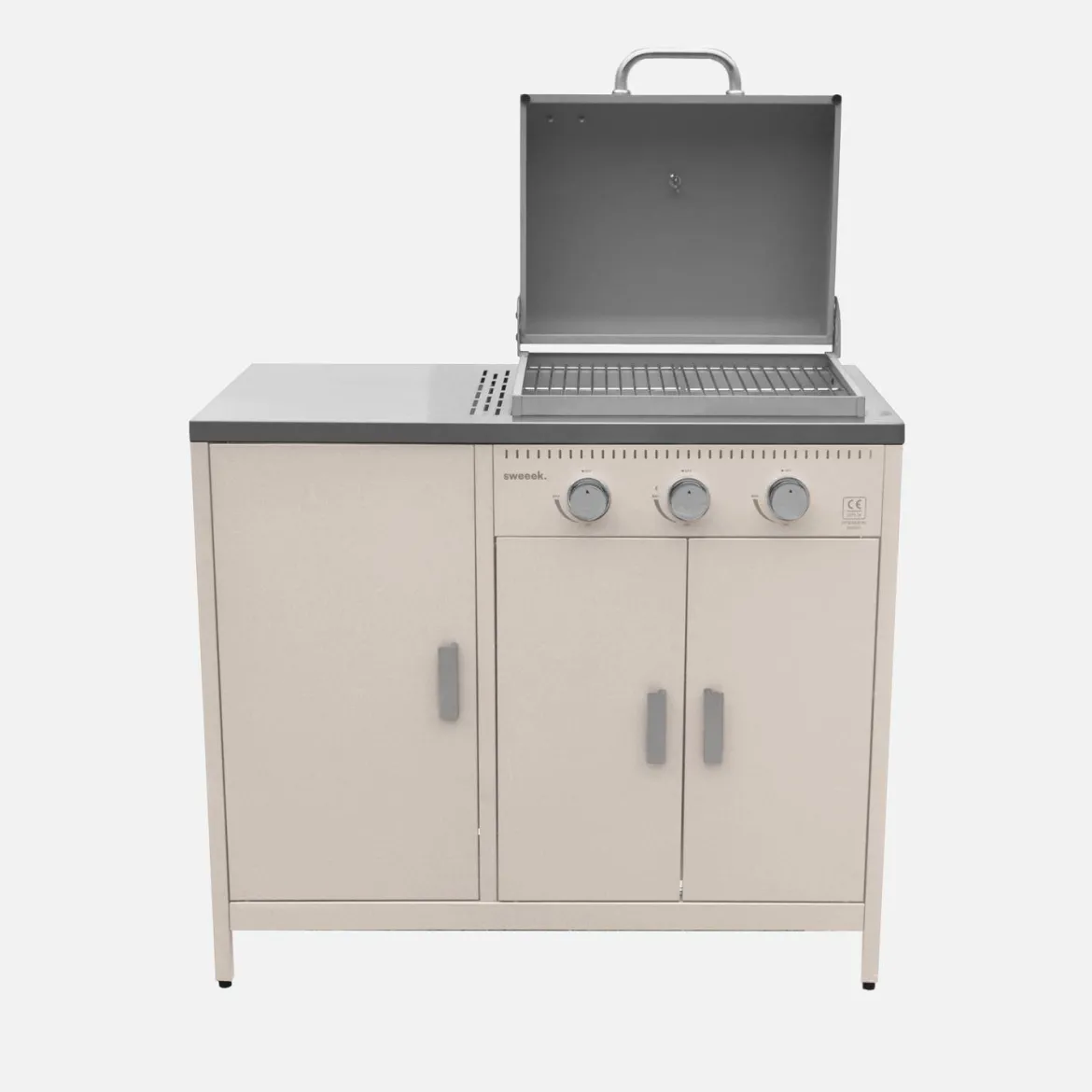 Modulo cucina da esterno in metallo con barbecue a gas a 3 bruciatori