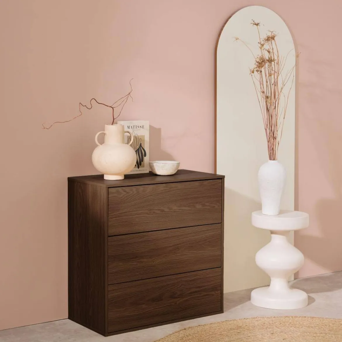 Modulo di stoccaggio decorativo in legno 3 cassetti