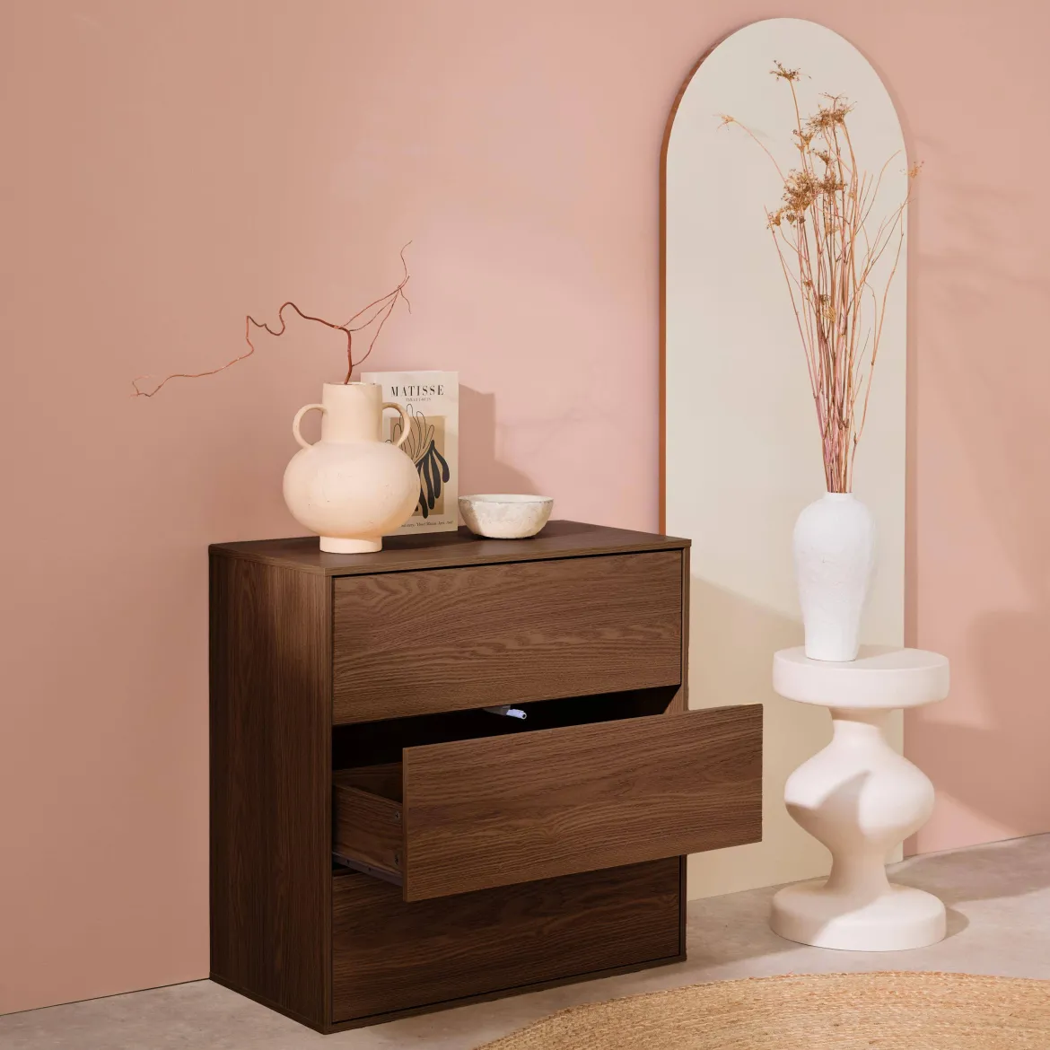 Modulo di stoccaggio decorativo in legno 3 cassetti