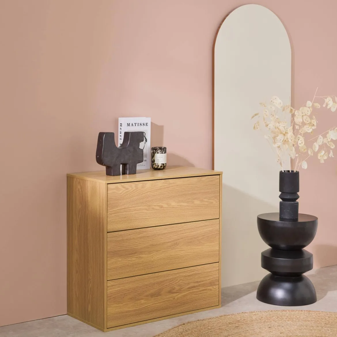 Modulo di stoccaggio decorativo in legno 3 cassetti