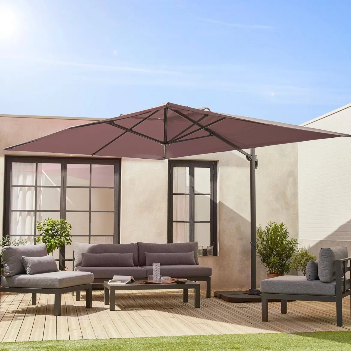 Ombrellone rettangolare eccentrico, 3x4m + base 50x50cm