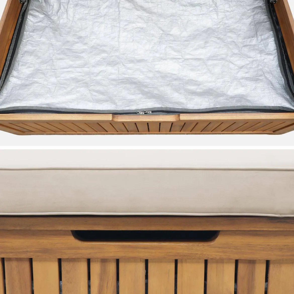 Panca cassapanca da giardino in legno di acacia con cuscino, 110L