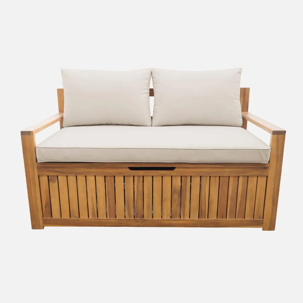 Panca cassapanca da giardino in legno di acacia con cuscino, 110L