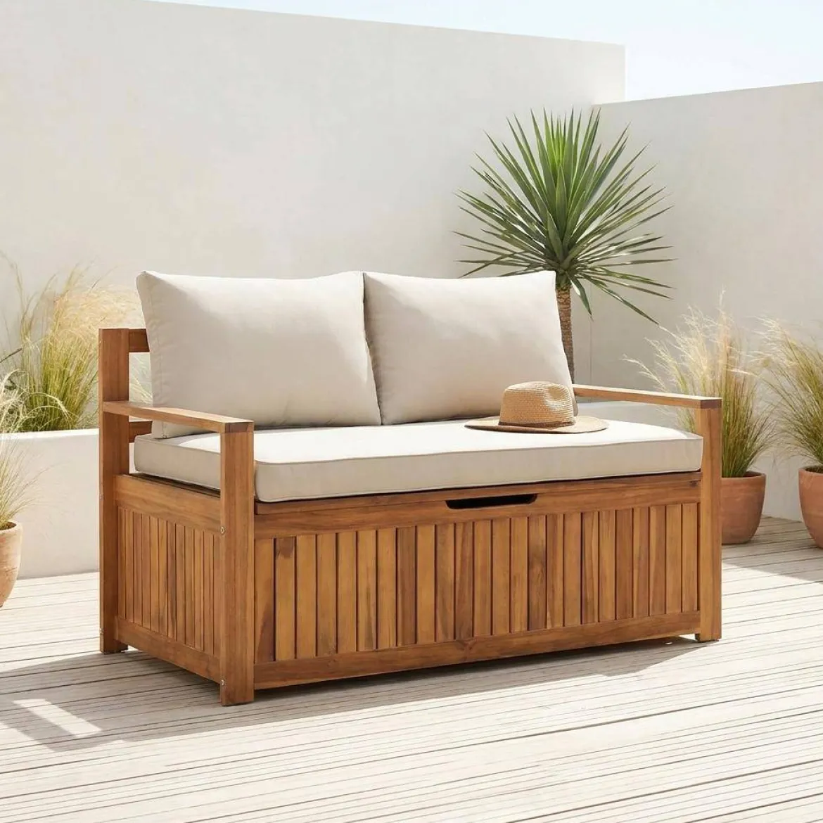 Panca cassapanca da giardino in legno di acacia con cuscino, 110L