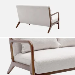 Panca scandinava in legno di hevea tinto noce e bouclé, 2 posti