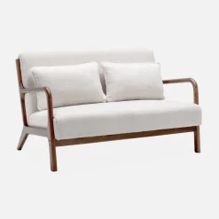 Panca scandinava in legno di hevea tinto noce e bouclé, 2 posti