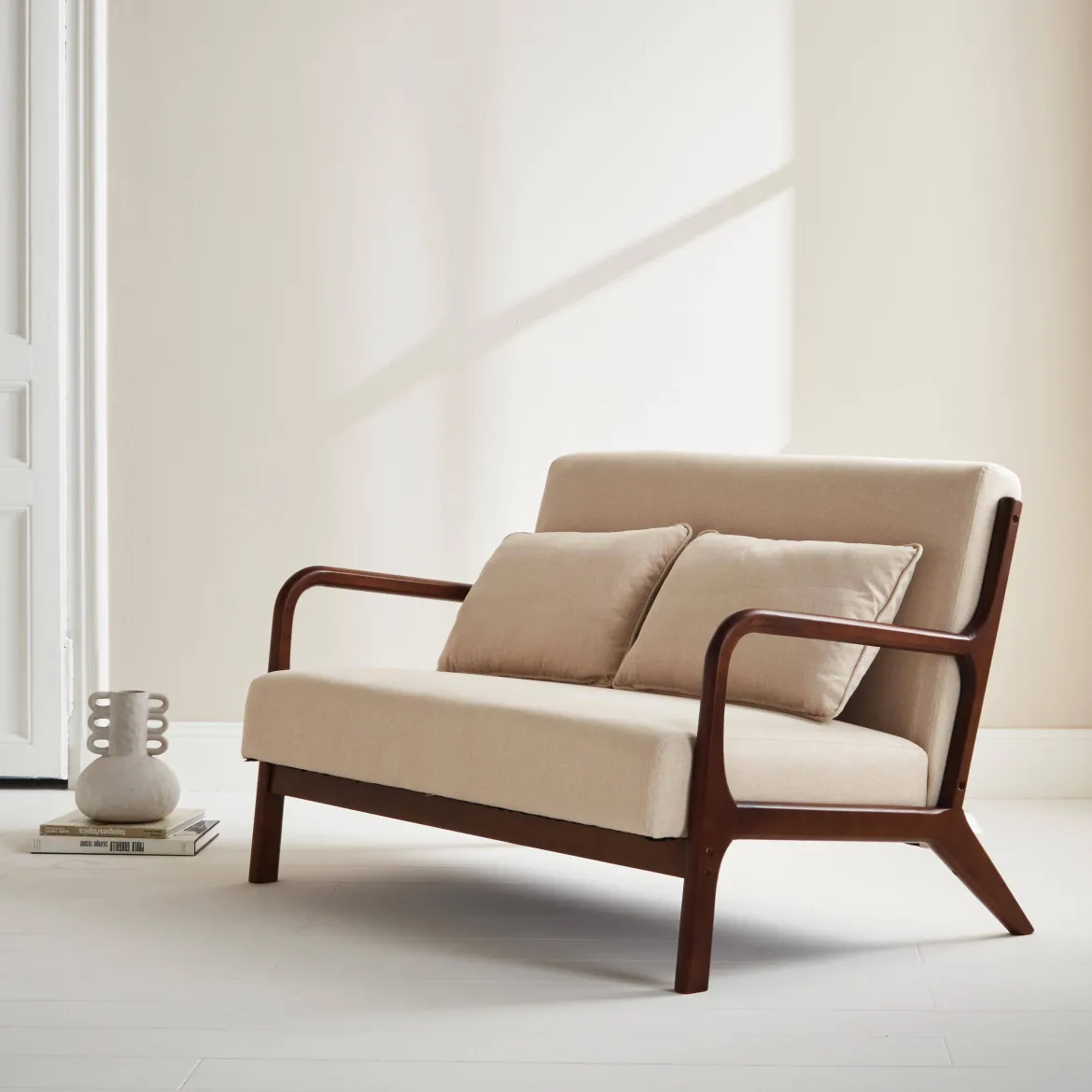 Panca stile scandinavo in legno di hevea e tessuto, 2 posti