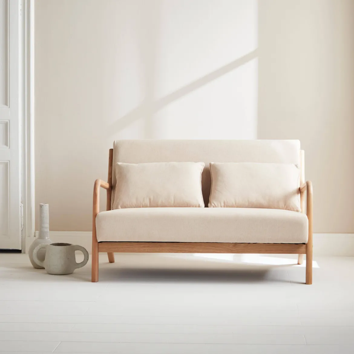 Panca stile scandinavo in legno e tessuto, 2 posti