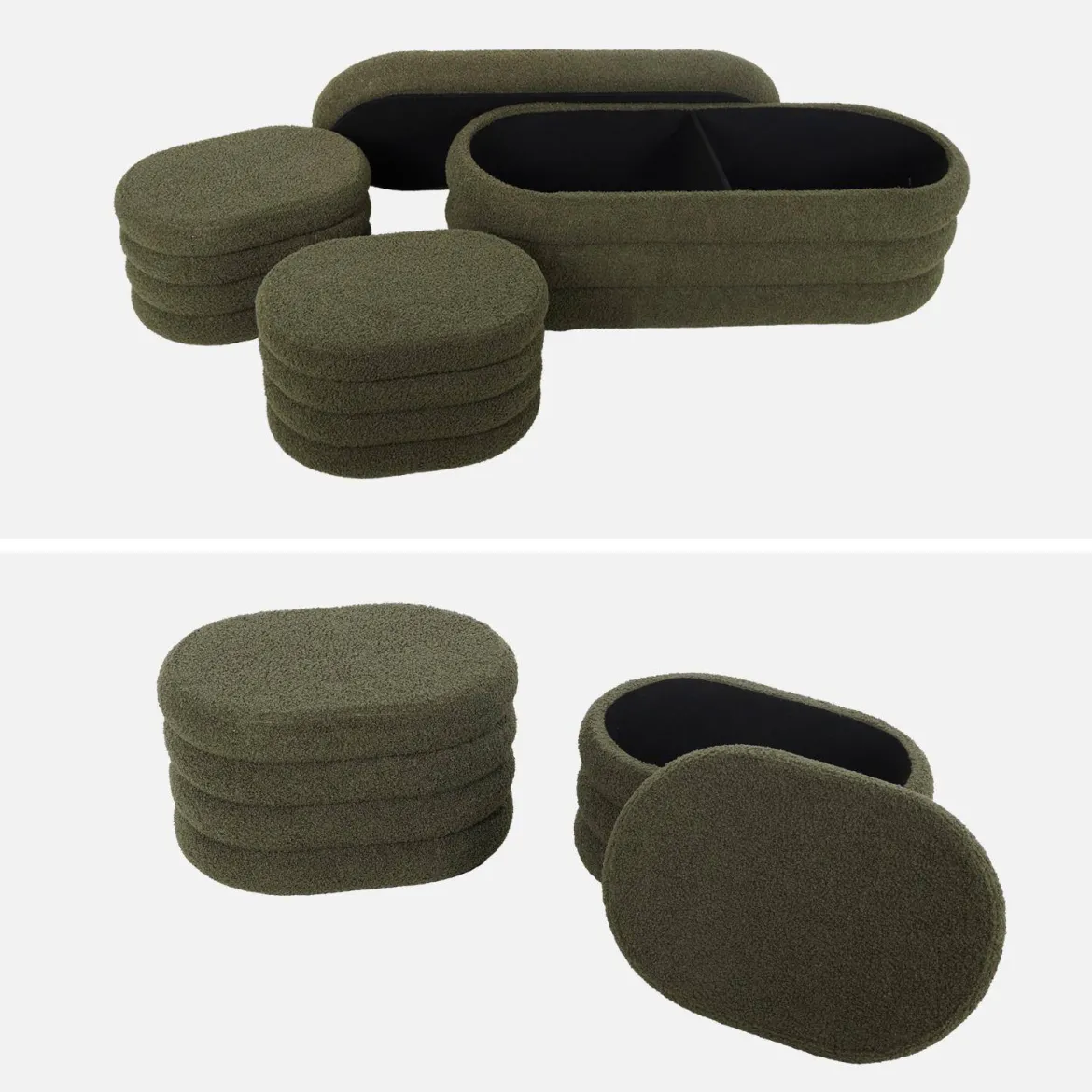 Panca contenitore con 2 pouf contenitori bouclé