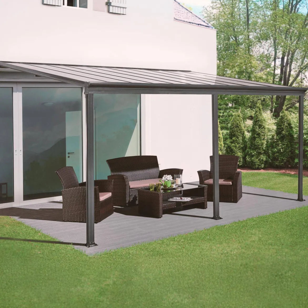 Pergola a parete 3x5 m in alluminio con grondaia