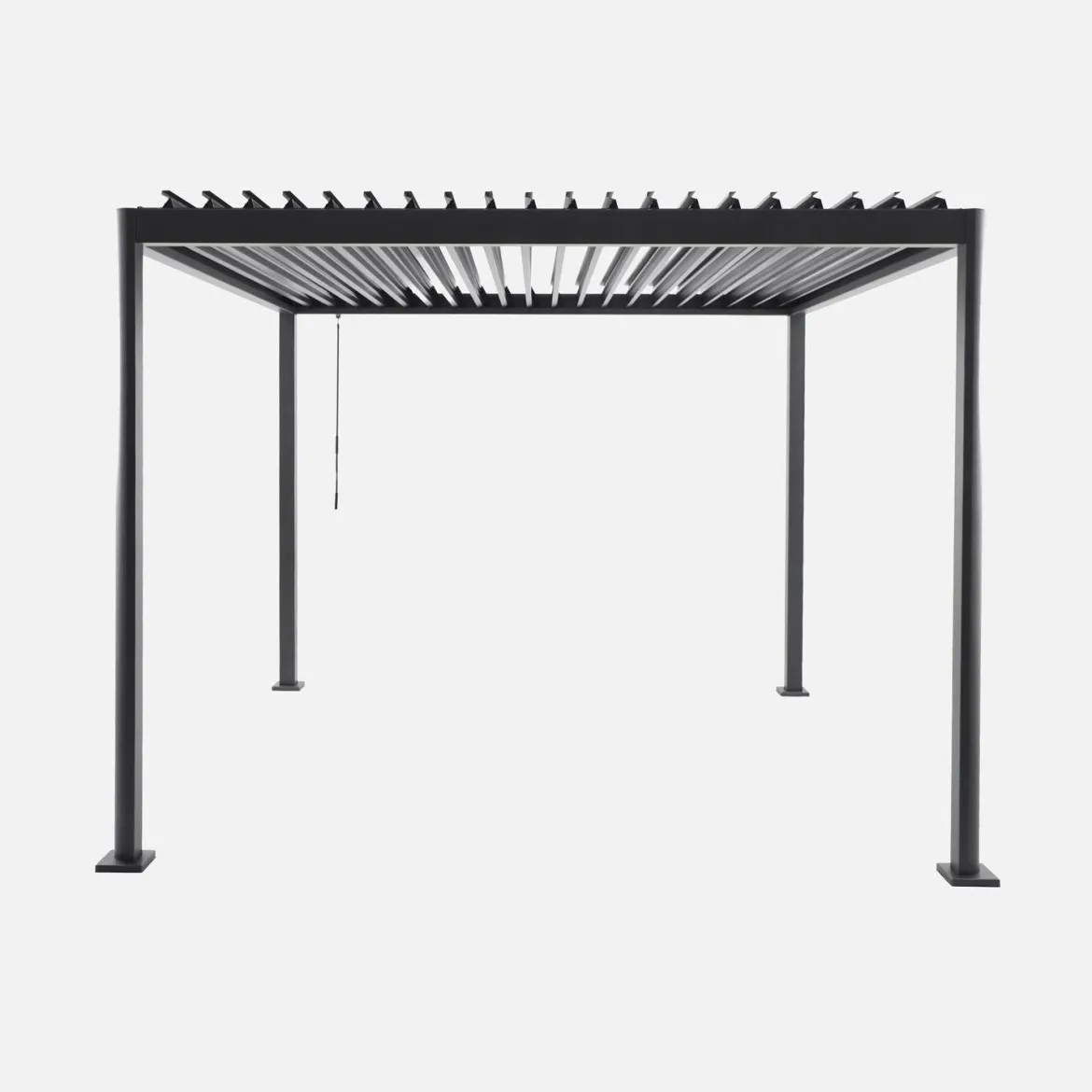 Pergola bioclimatica 3x3 con piedini arrotondati in alluminio e acciaio e lamelle orientabili