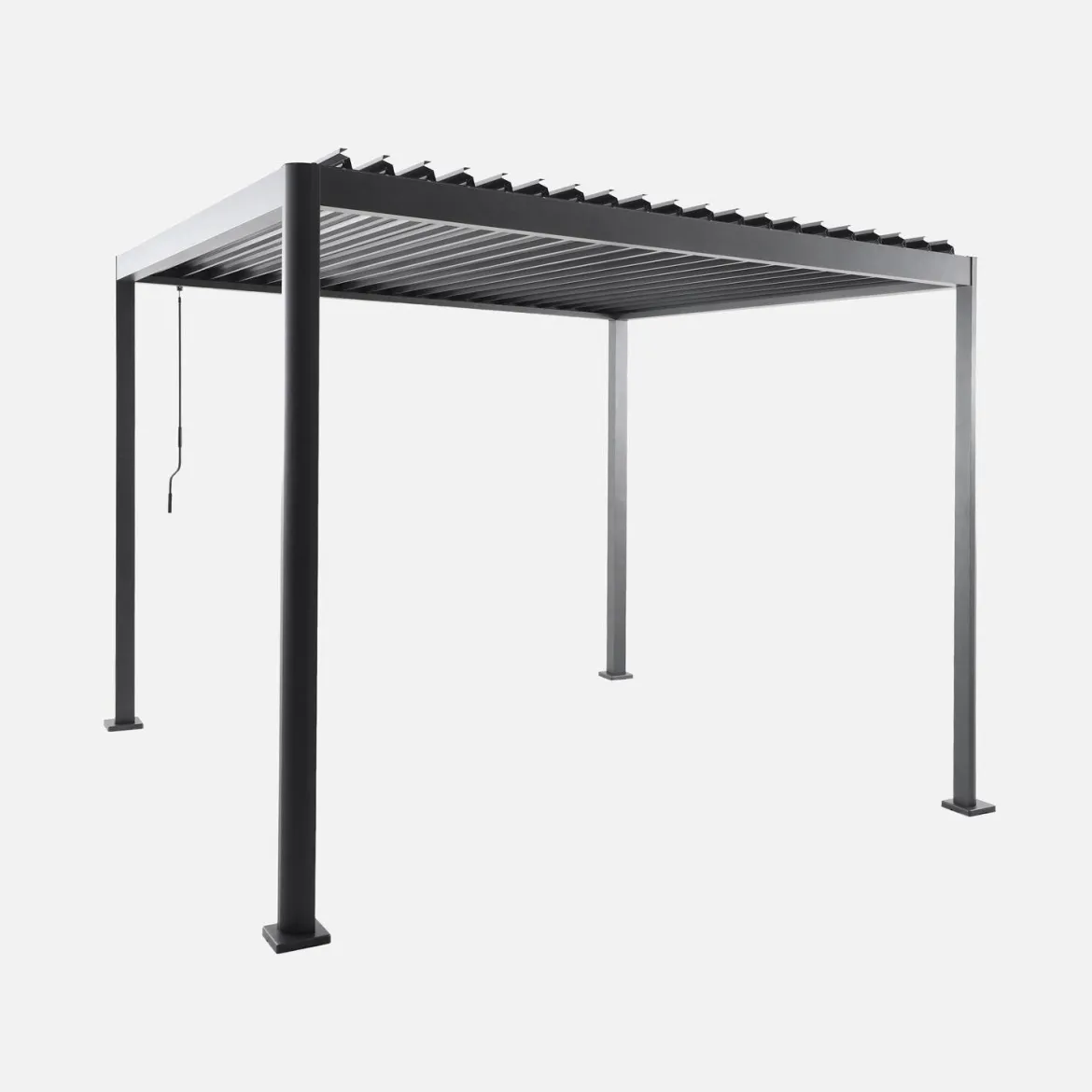 Pergola bioclimatica 3x3 con piedini arrotondati in alluminio e acciaio e lamelle orientabili