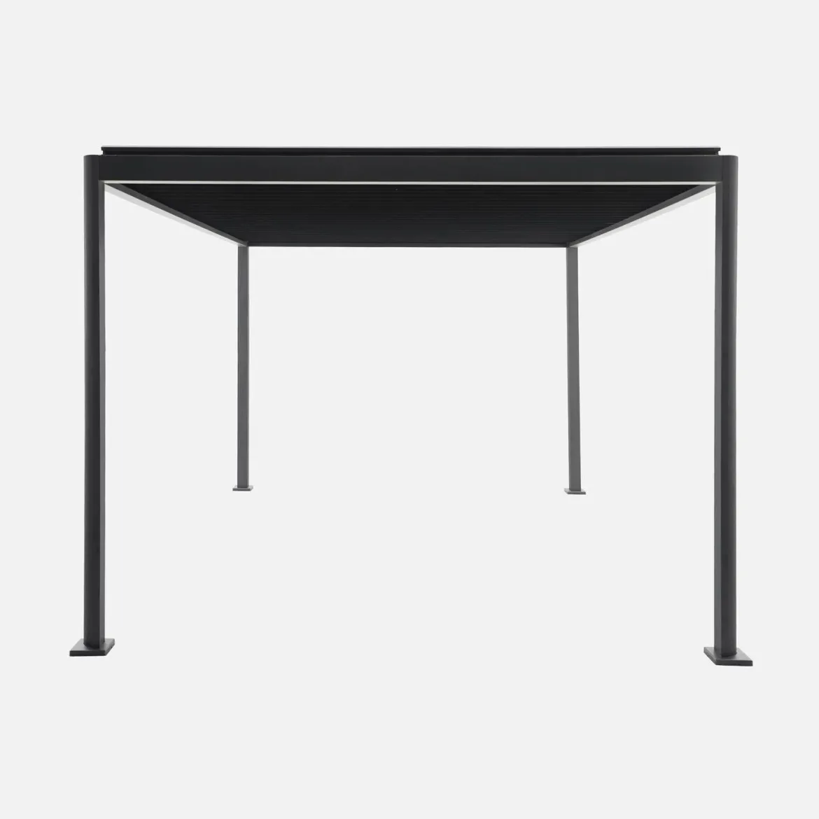 Pergola bioclimatica 3x3m con piedini arrotondati in alluminio e acciaio e lamelle orientabili