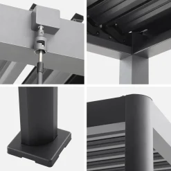 Pergola bioclimatica 3x3m con piedini arrotondati in alluminio e acciaio e lamelle orientabili