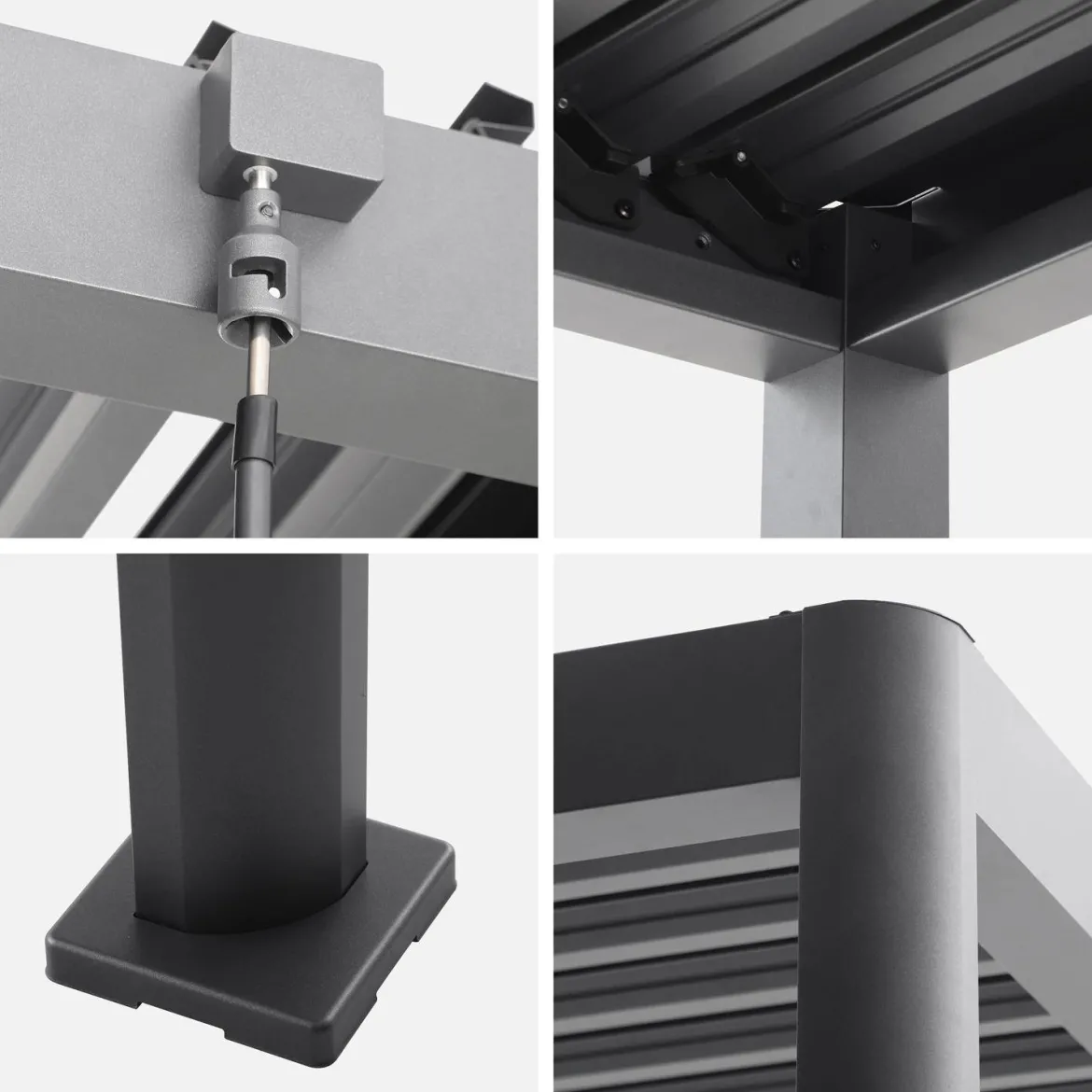 Pergola bioclimatica 3x3m con piedini arrotondati in alluminio e acciaio e lamelle orientabili