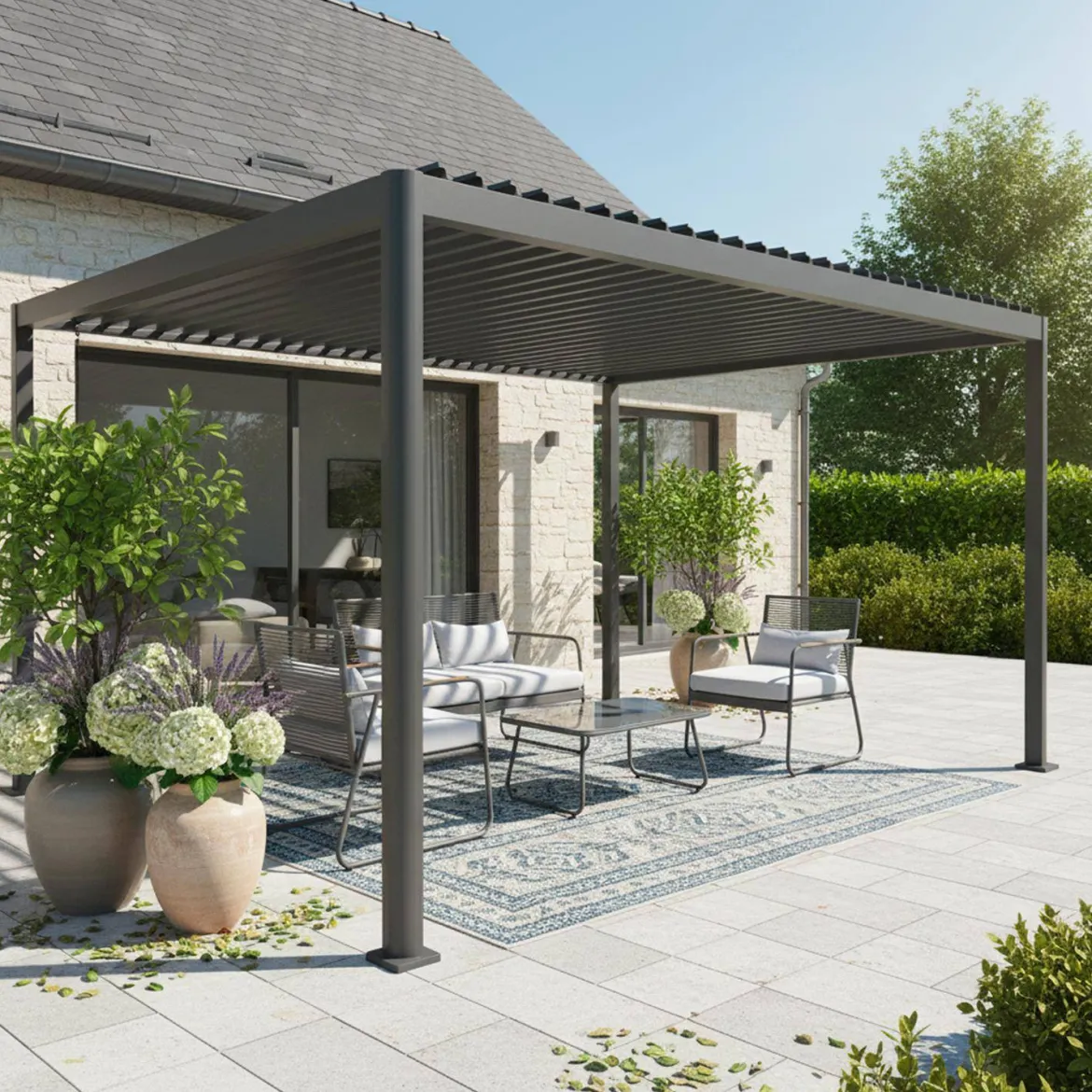 Pergola bioclimatica 3x3m con piedini arrotondati in alluminio e acciaio e lamelle orientabili
