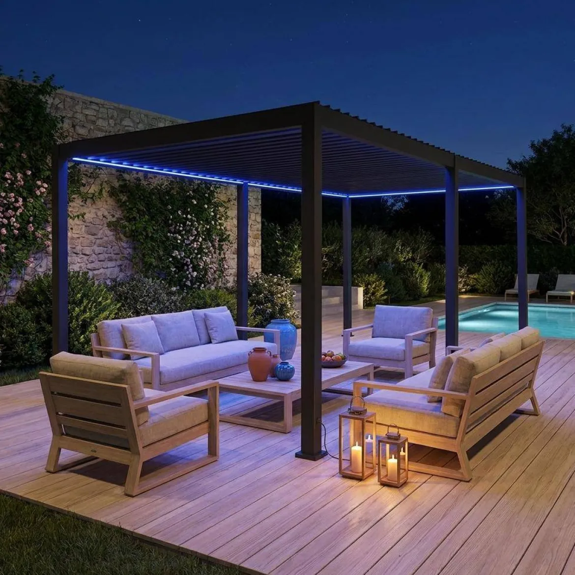 Pergola bioclimatica 3x6m elettrica in alluminio con illuminazione a LED