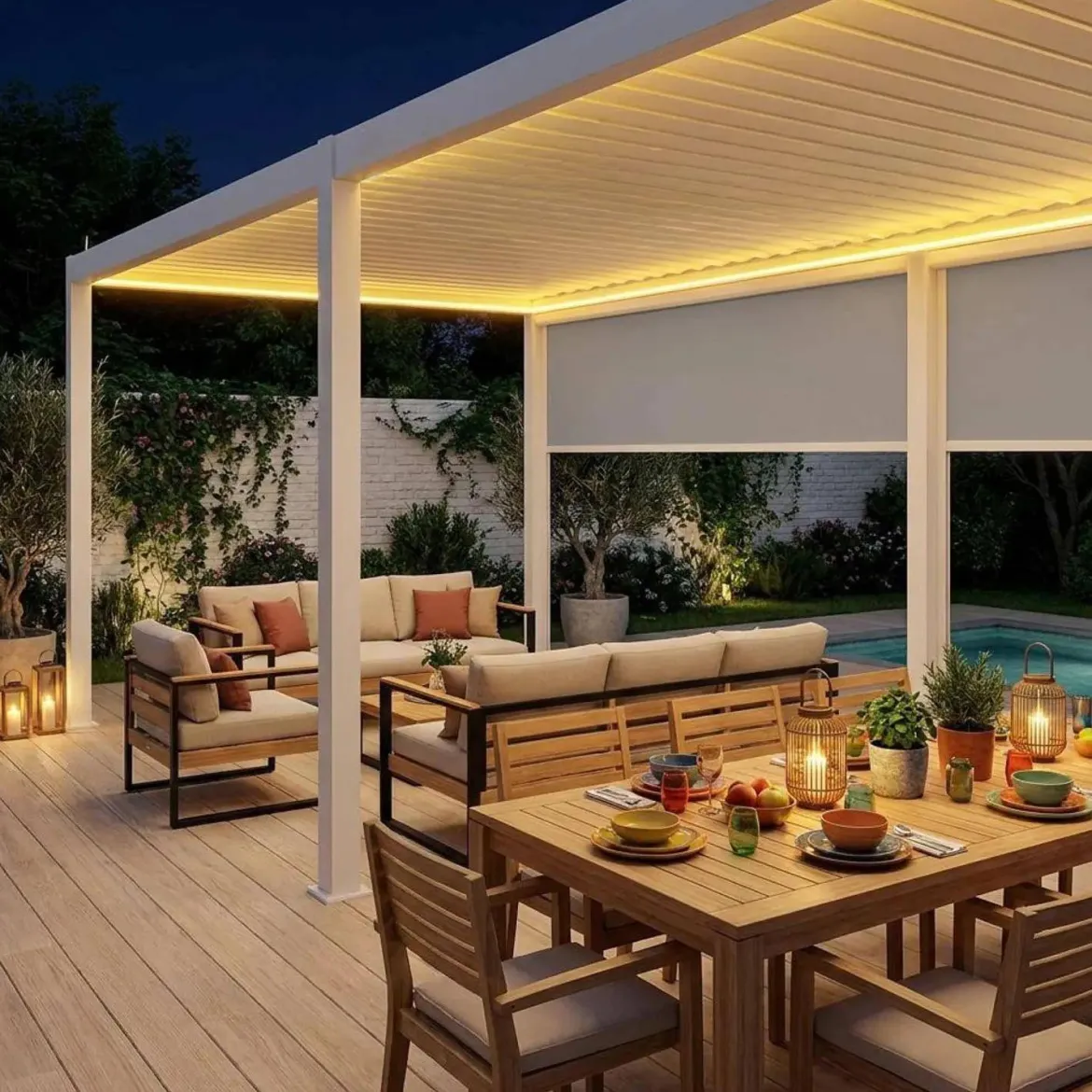 Pergola bioclimatica 3x6m elettrica in alluminio con LED + 2 tende 3m