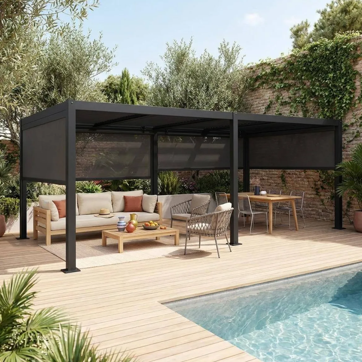 Pergola bioclimatica 3x6m in alluminio e acciaio + 4 tende 3m