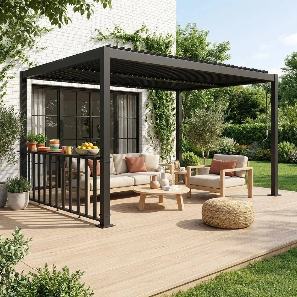 Pergola bioclimatica 3x3m in alluminio e acciaio + ringhiera bassa 3m