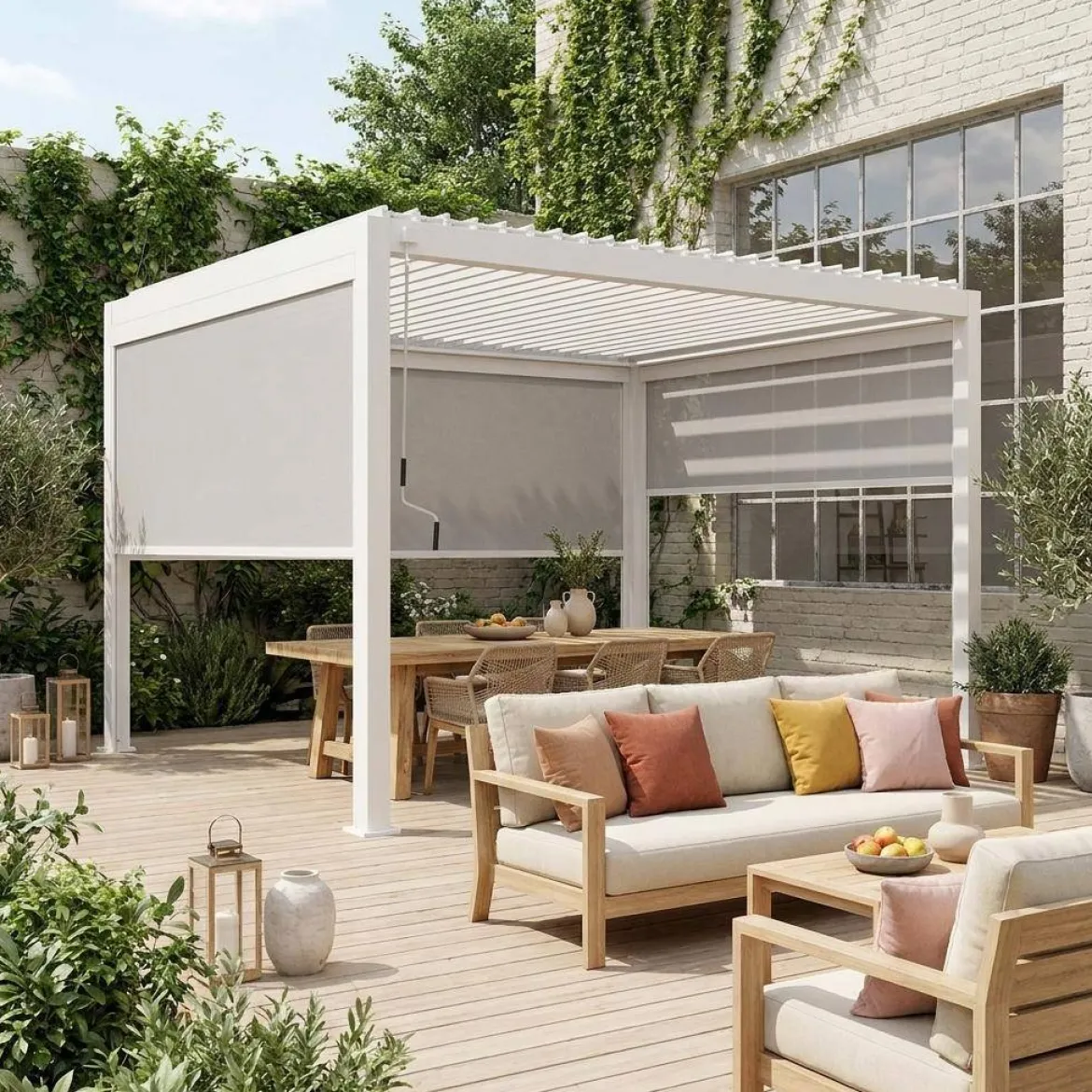 Pergola bioclimatica 3x4m in alluminio + 2 tende da 3m + 1 tenda da 4m
