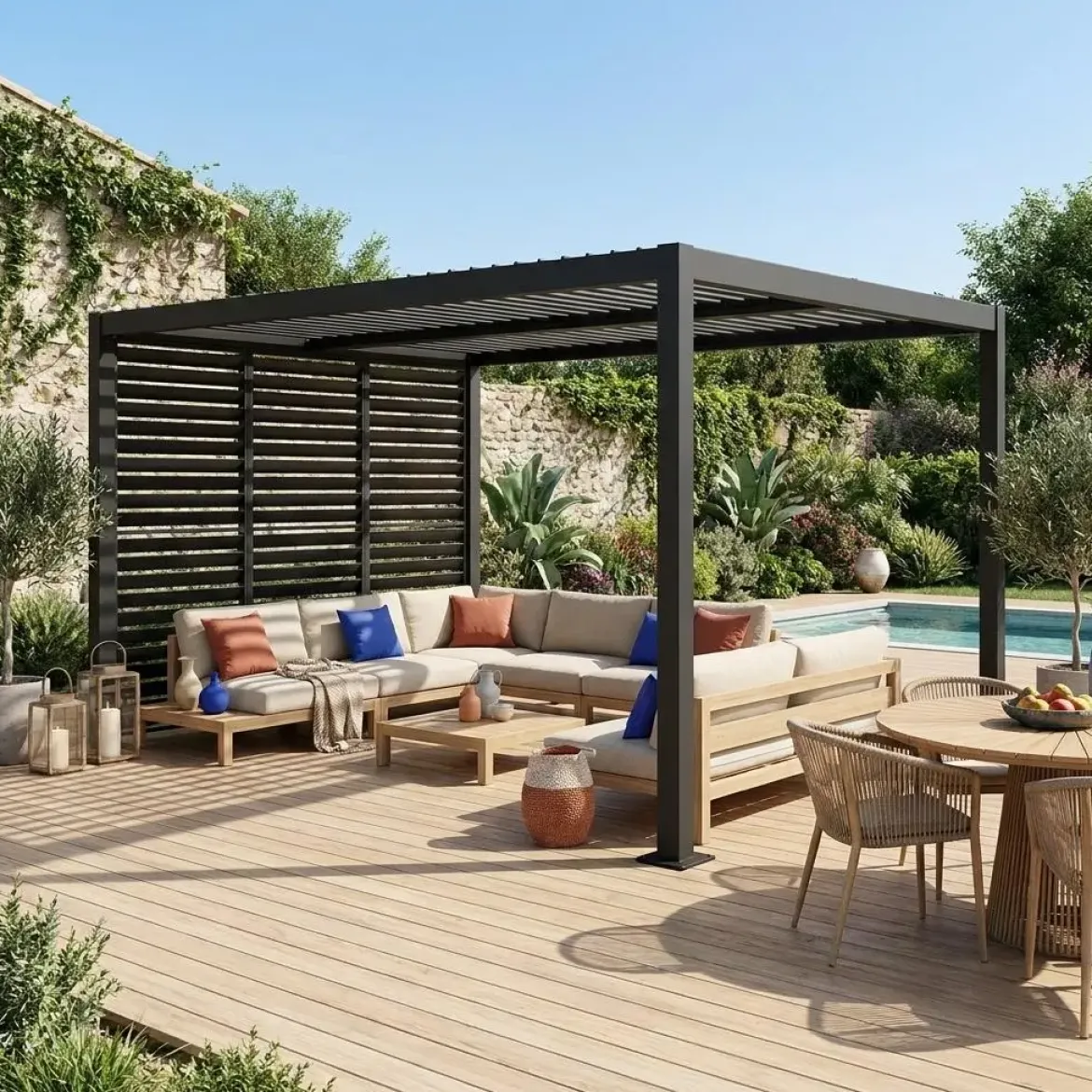 Pergola bioclimatica 3x4m in alluminio e acciaio + 3 persiane 1m