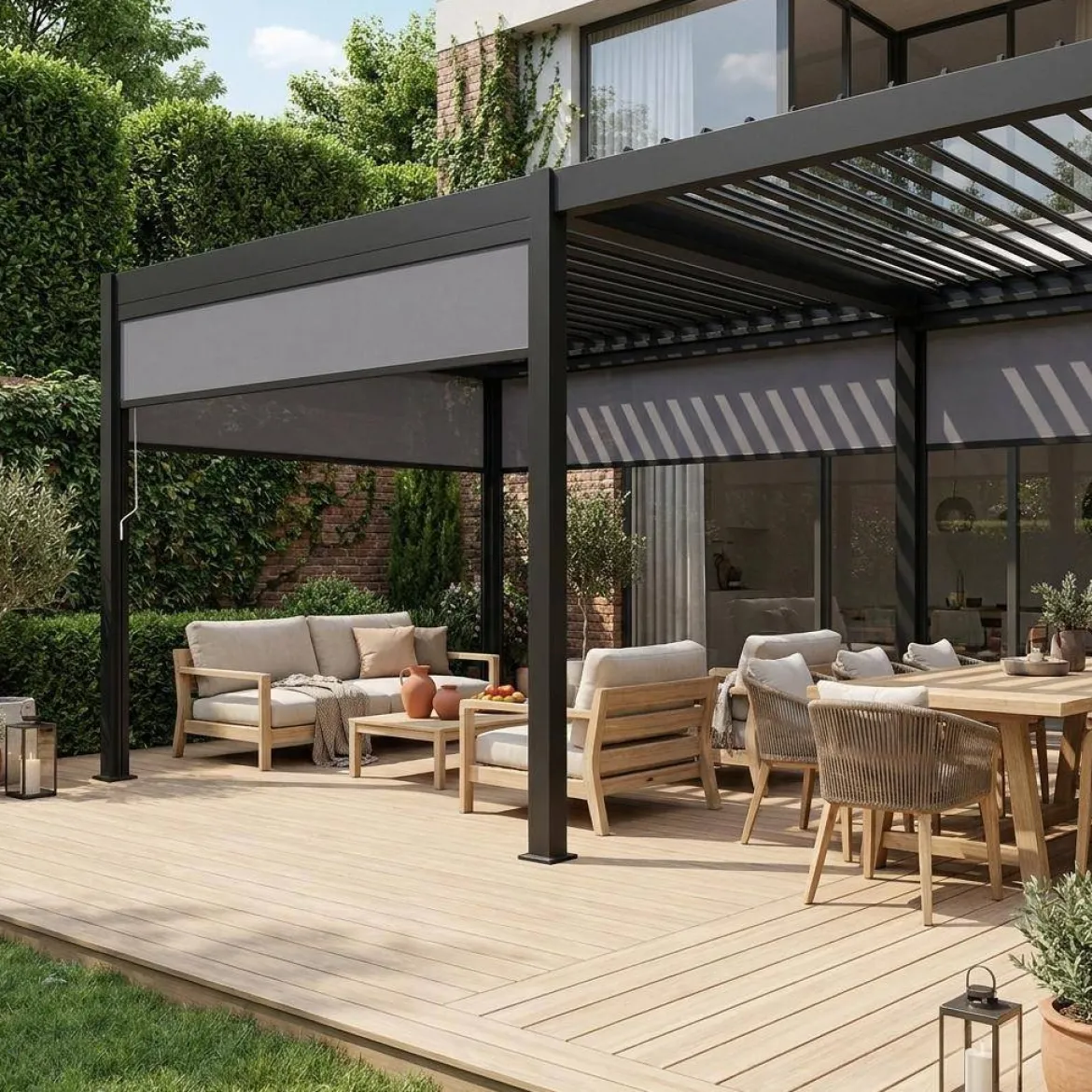 Pergola bioclimatica 3x6m in alluminio + 4 tende 3m