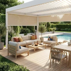 Pergola bioclimatica 3x4m in alluminio e acciaio + 2 tende 3m + 1 tenda 4m