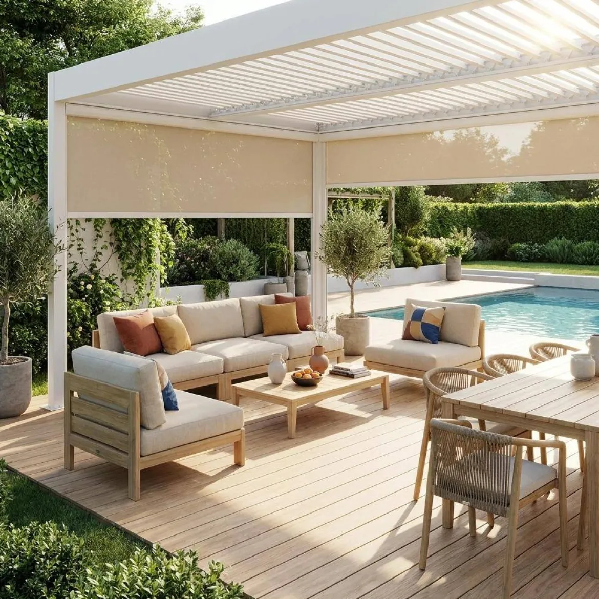 Pergola bioclimatica 3x4m in alluminio e acciaio + 2 tende 3m + 1 tenda 4m