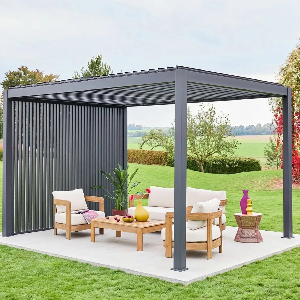 Pergola bioclimatica 3x4m in alluminio + 3 persiane verticali 1m
