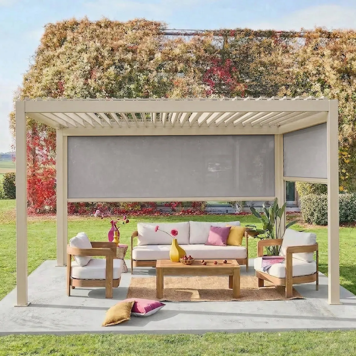 Pergola bioclimatica 3x4m in alluminio + tenda da 3m + tenda da 4m