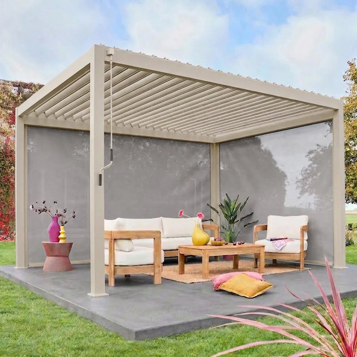 Pergola bioclimatica 3x4m in alluminio + tenda da 3m + tenda da 4m