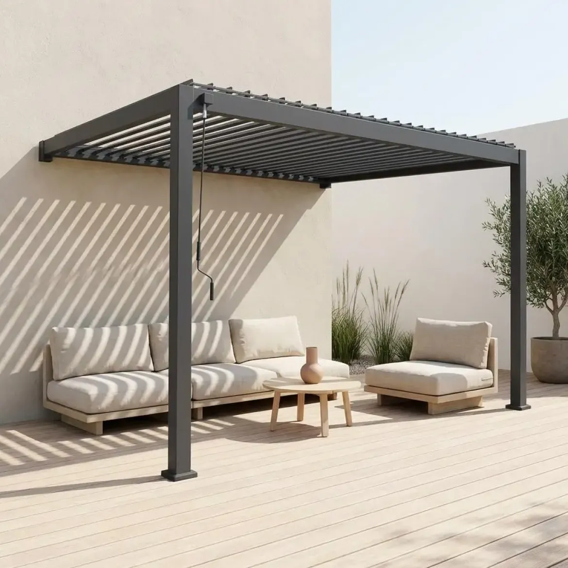 Pergola bioclimatica 3x4m in alluminio addossata, lame orientabili
