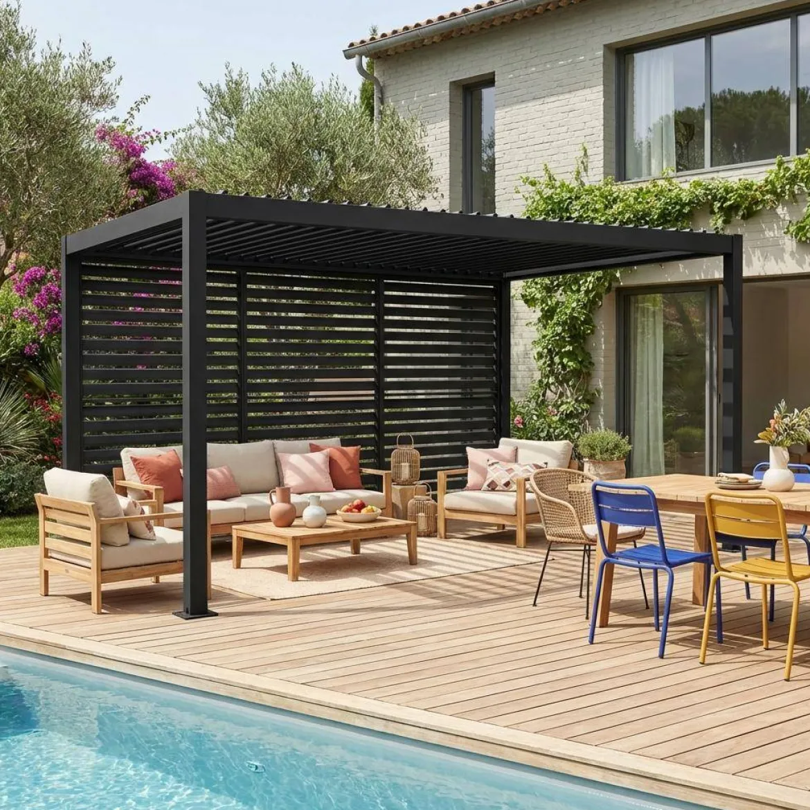 Pergola bioclimatica 3x4m in alluminio e acciaio + 3 persiane 1.3m