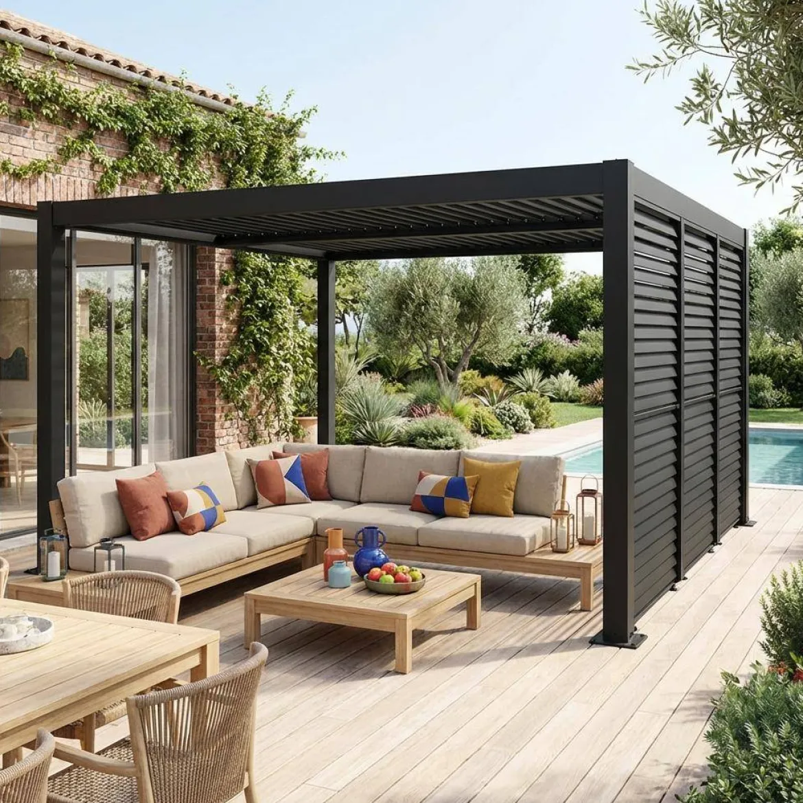 Pergola bioclimatica 3x4m in alluminio e acciaio + 3 tende 1m con lamelle orientabili