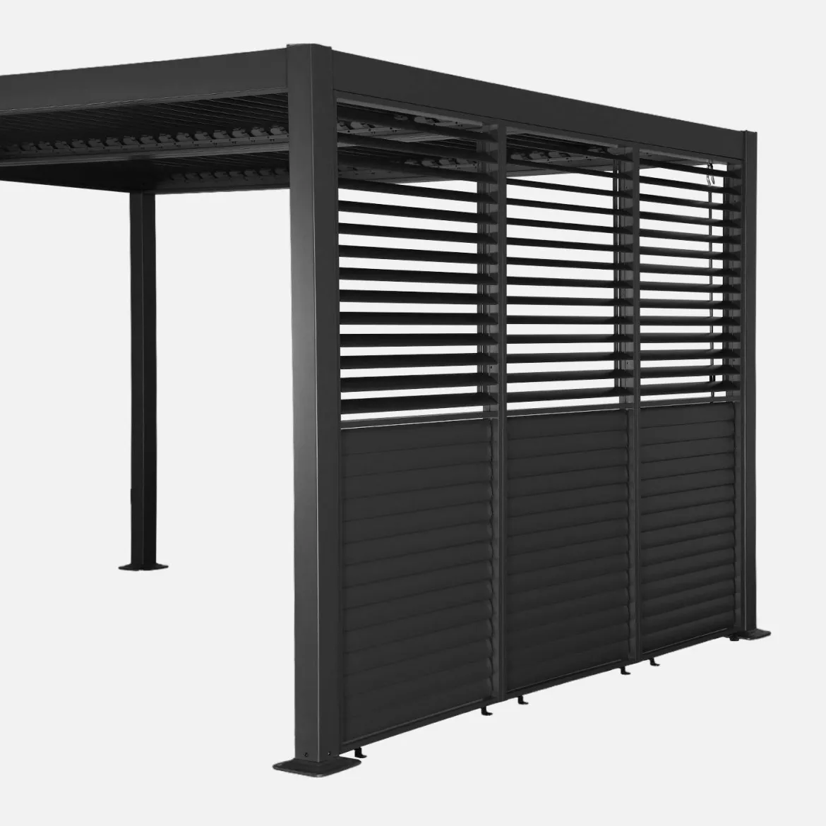 Pergola bioclimatica 3x4m in alluminio e acciaio + 3 tende 1m con lamelle orientabili