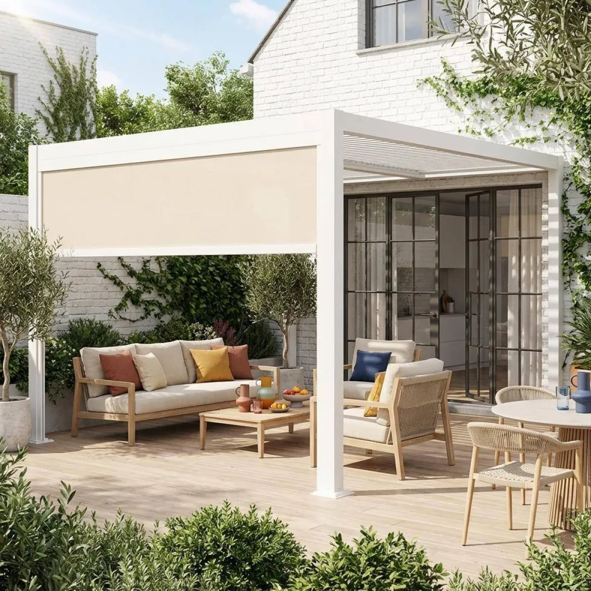 Pergola bioclimatica 3x3m in alluminio e acciaio + tenda 3m