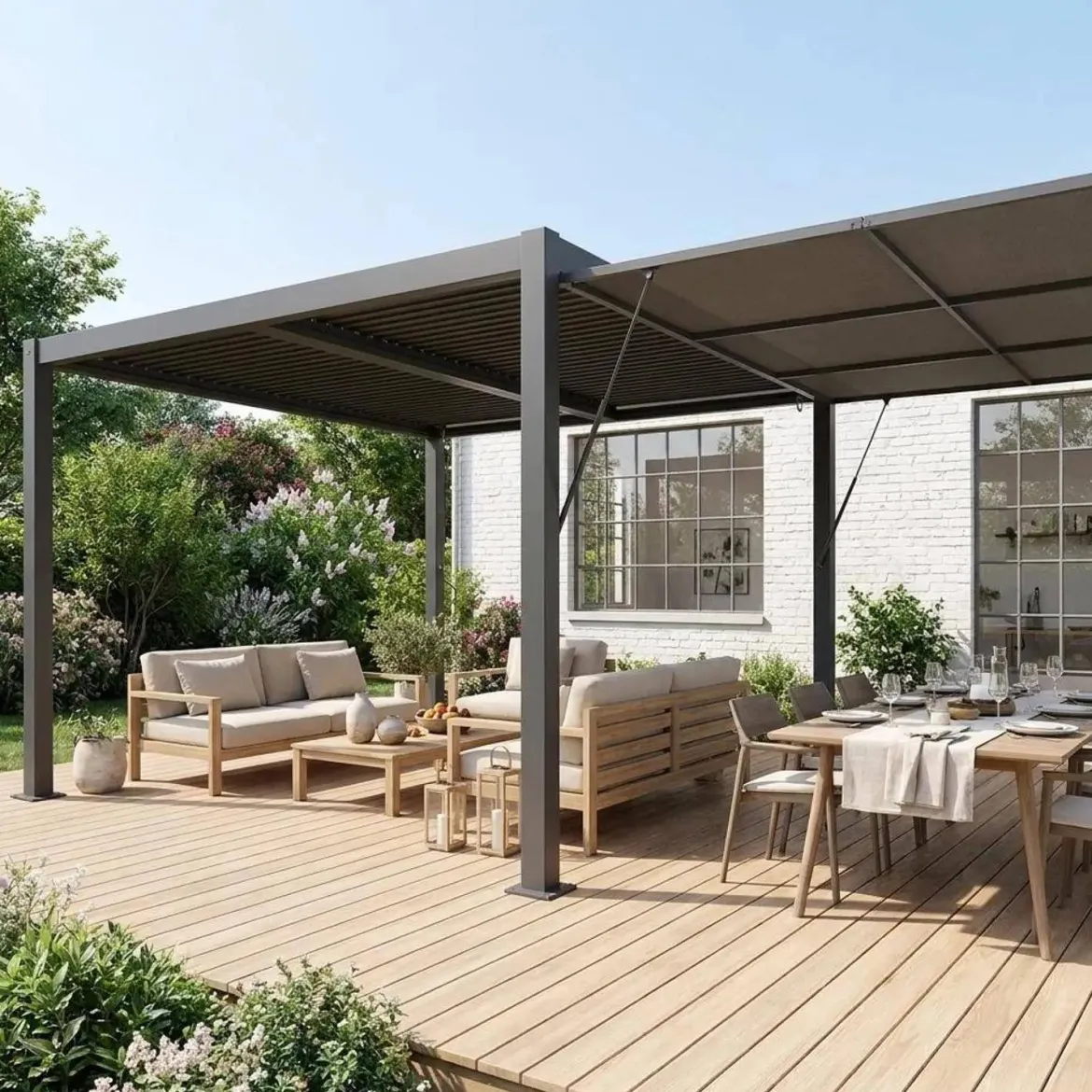 Pergola bioclimatica 3x4m in alluminio e acciaio + tenda 4m