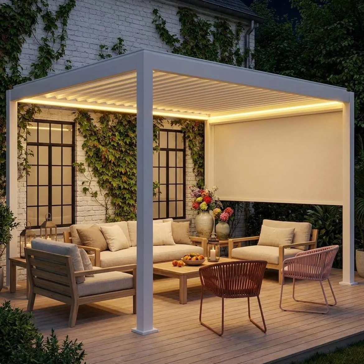 Pergola bioclimatica 3x4m motorizzata in alluminio LED + 1 tenda 3m