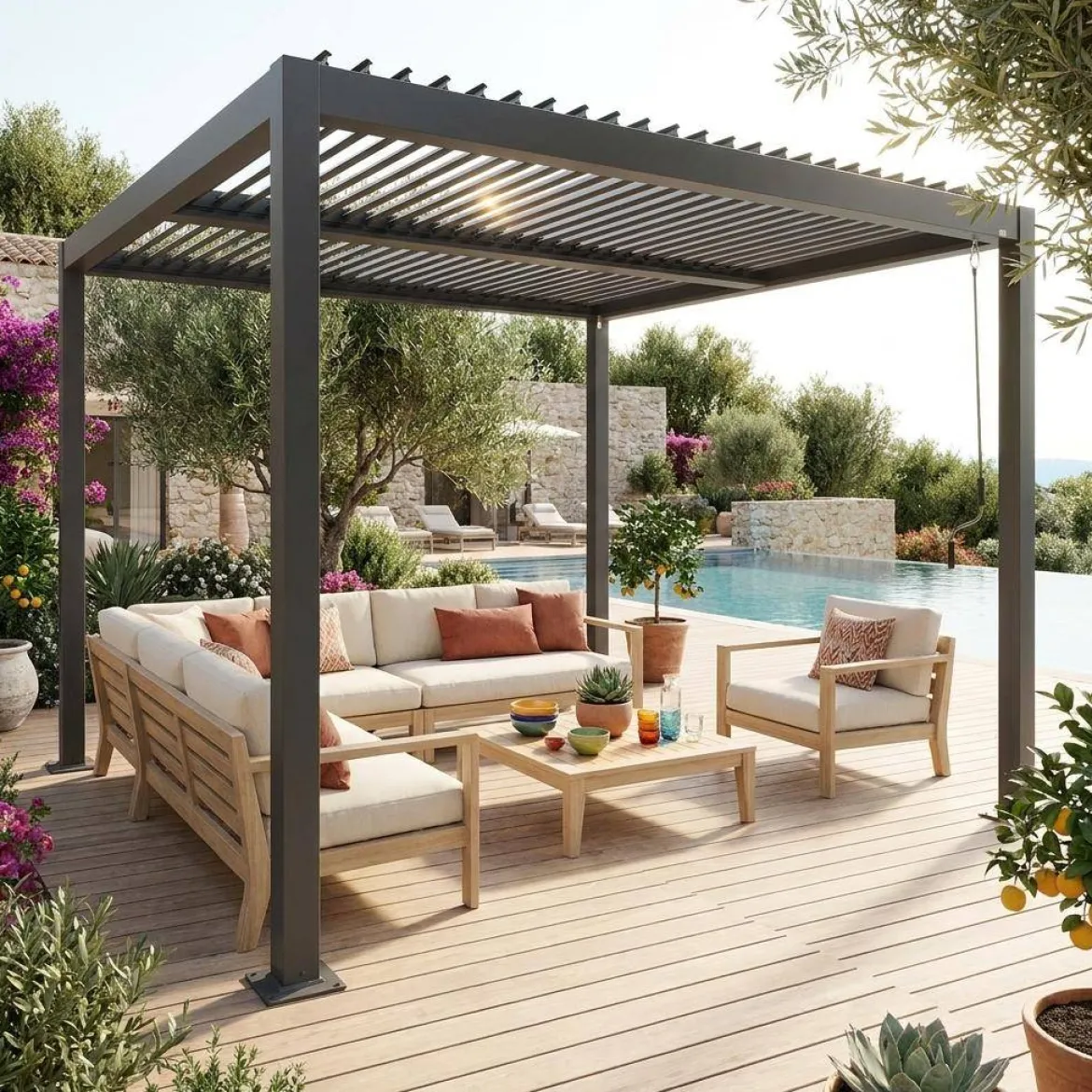 Pergola bioclimatica 3x3m in alluminio e acciaio, lamelle orientabili