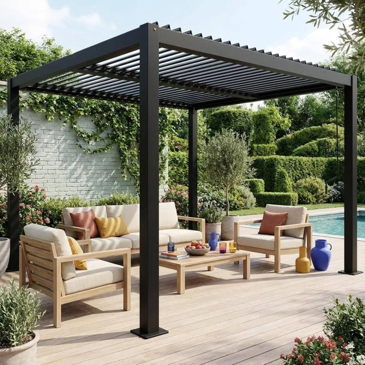 Pergola bioclimatica 3x3m in alluminio e acciaio, lamelle orientabili