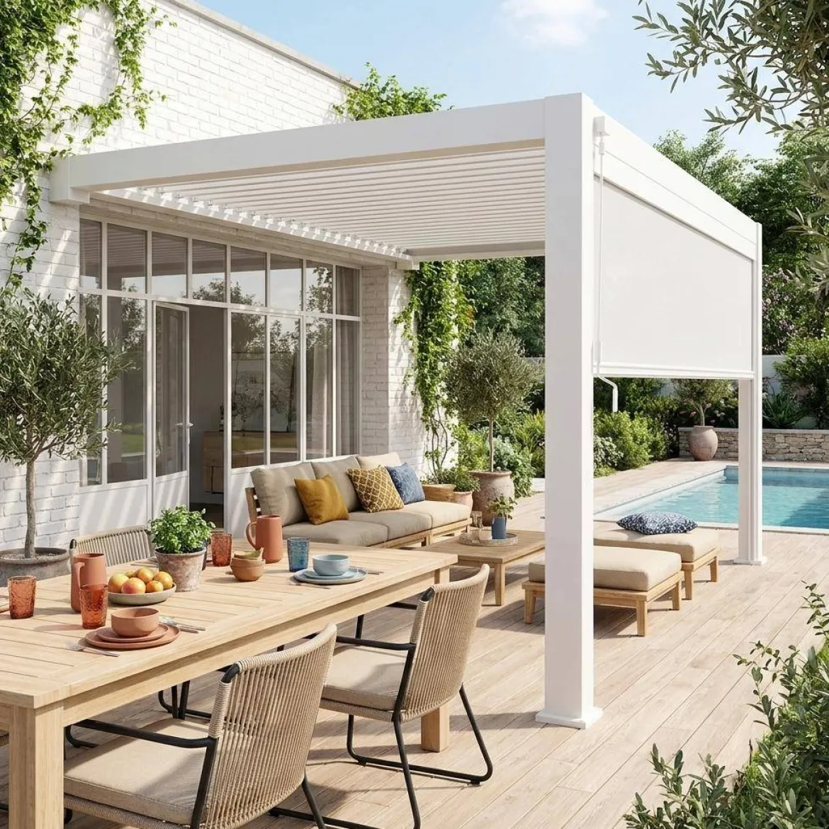 Pergola bioclimatica 3x4m in alluminio addossata + tenda 4m