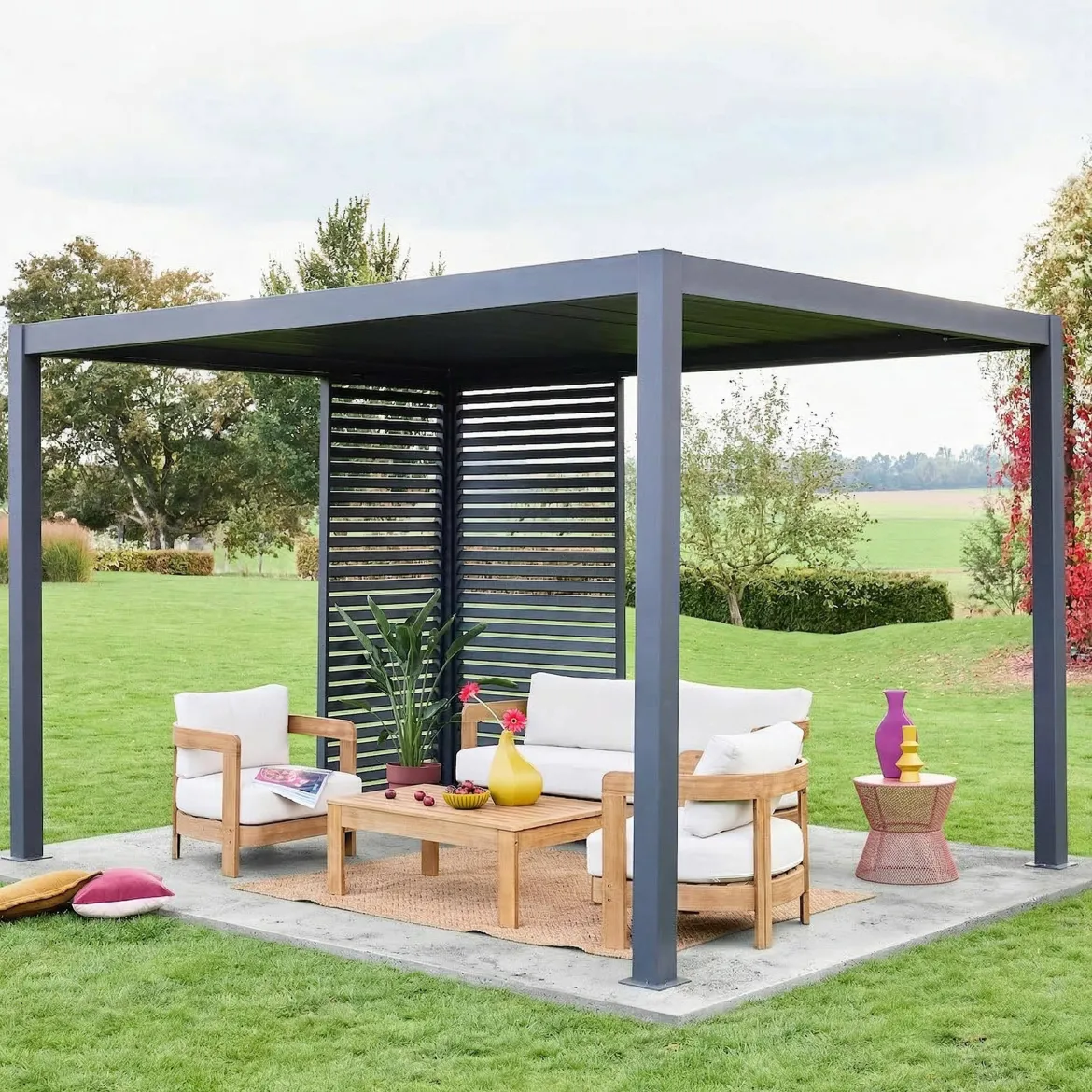 Pergola bioclimatica 3x4m in alluminio + 1 persiana 1m + 1 persiana 1.3m