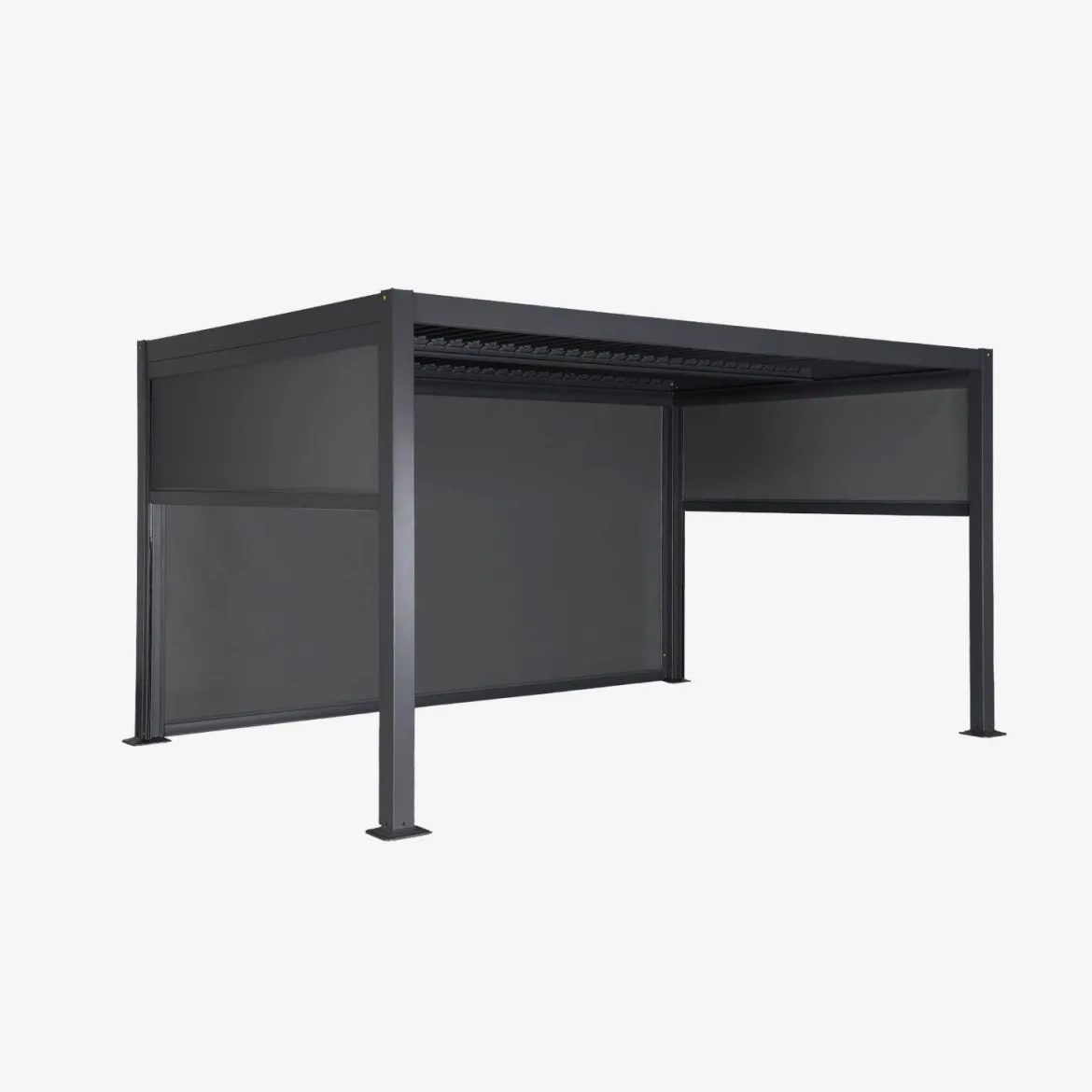 Pergola bioclimatica 3x4m in alluminio e acciaio + 2 tende 3m + 1 tenda 4m
