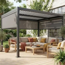Pergola bioclimatica 3x4m in alluminio e acciaio + 2 tende 3m + 1 tenda 4m