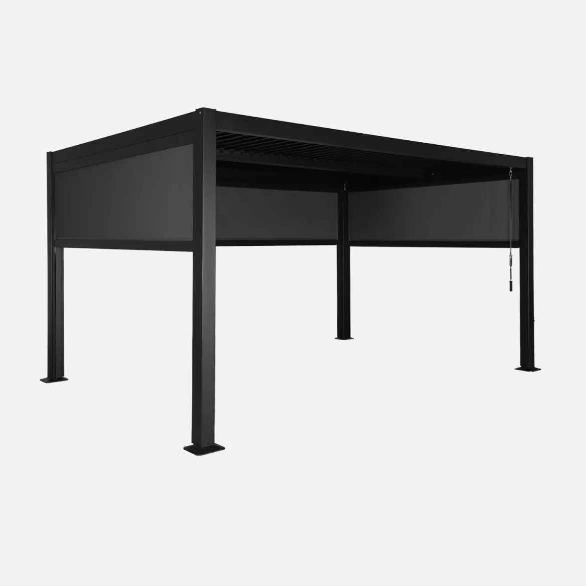 Pergola bioclimatica 3x4m in alluminio e acciaio + 2 tende 3m + 1 tenda 4m