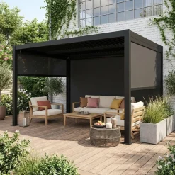 Pergola bioclimatica 3x4m in alluminio e acciaio + 2 tende 3m + 1 tenda 4m